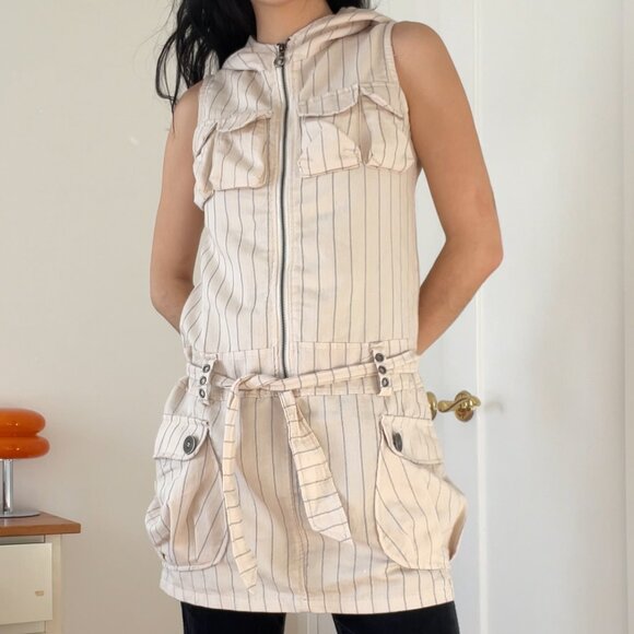 Vintage Y2k Cargo Hooded Zip Up Drop Waist Pocket Dress - Picture 8 of 8